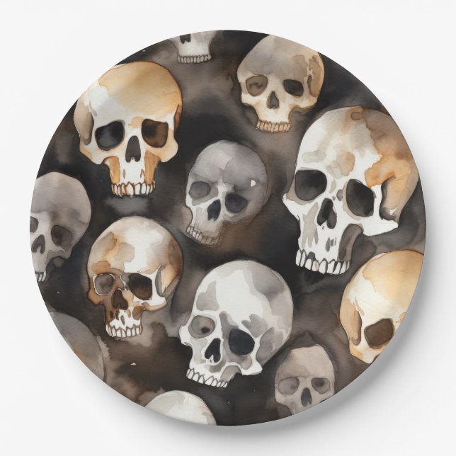 Spooky Watercolor Skulls Halloween Paper Plate (Front)