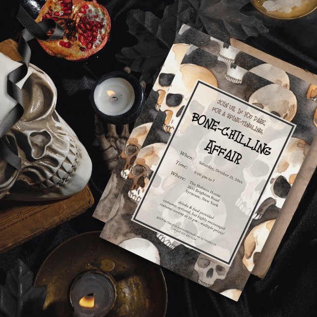 Spooky Watercolor Skulls Halloween Party Invitation (Spooky Watercolor Skulls Halloween Party Invitation)
