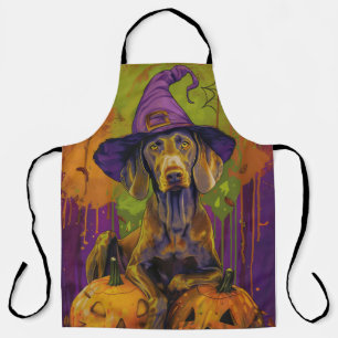 Spooky Weimaraner Dog Halloween Witch And Pumpkin  Apron