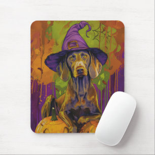 Spooky Weimaraner Dog Halloween Witch And Pumpkin Mouse Pad