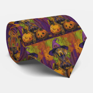 Spooky Weimaraner Dog Halloween Witch And Pumpkin Tie