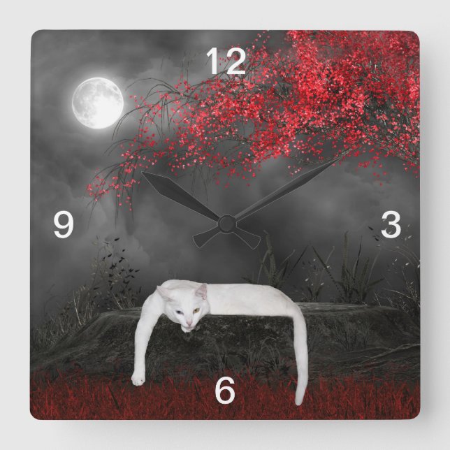 Spooky white cat square wall clock (Front)