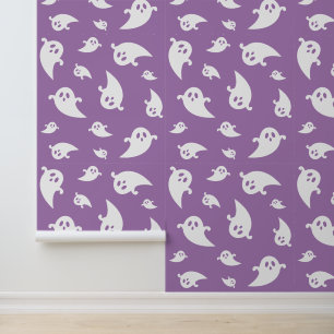 Spooky White Ghost Pattern On Purple Halloween Wallpaper