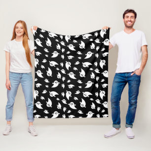Spooky White Ghosts Pattern On Black Halloween Fleece Blanket