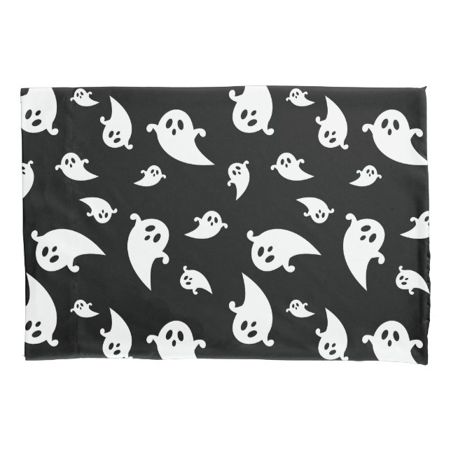 Spooky White Ghosts Pattern On Black Halloween Pillowcase (Front)