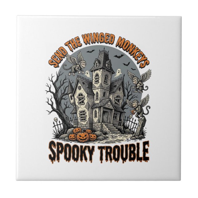 Spooky Winged Monkeys Haunted Halloween Shirt_1 Ceramic Tile (Front)