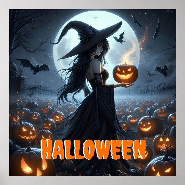 Spooky Witch and Jack-O-Lanterns  Poster (Front)