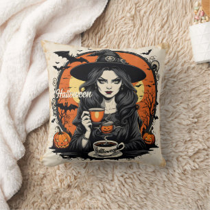 Spooky witch brewing potions on Halloween night Cushion