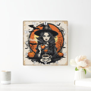 Spooky witch brewing potions on Halloween night Square Wall Clock