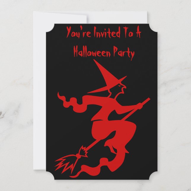 spooky witch flying broomstick fun party invite (Front)
