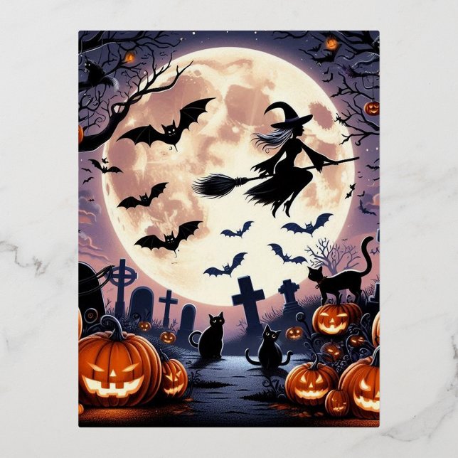 Spooky witch foil holiday postcard (Front)
