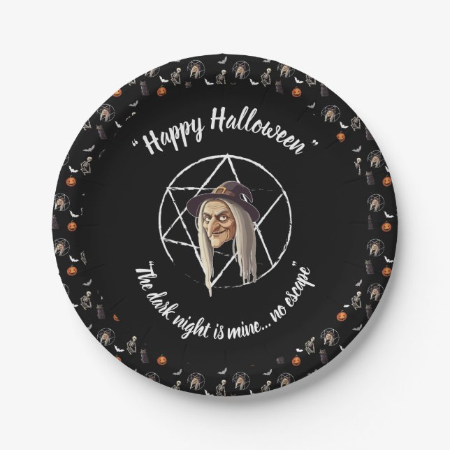 🍽️ Spooky Witch Halloween Paper Plate 🎃 Black 👻 (Front)