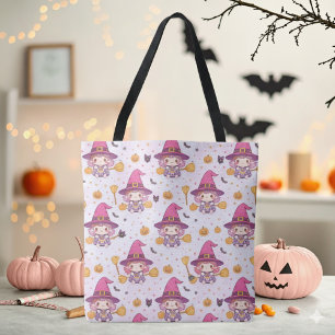Spooky Witch Halloween Pattern with Pumpkins Star Tote Bag