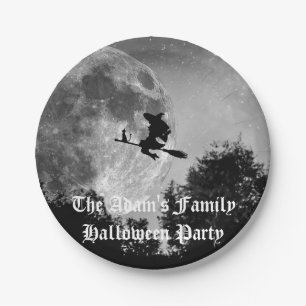 Spooky Witch on Broom Full Moon Halloween Paper Plate