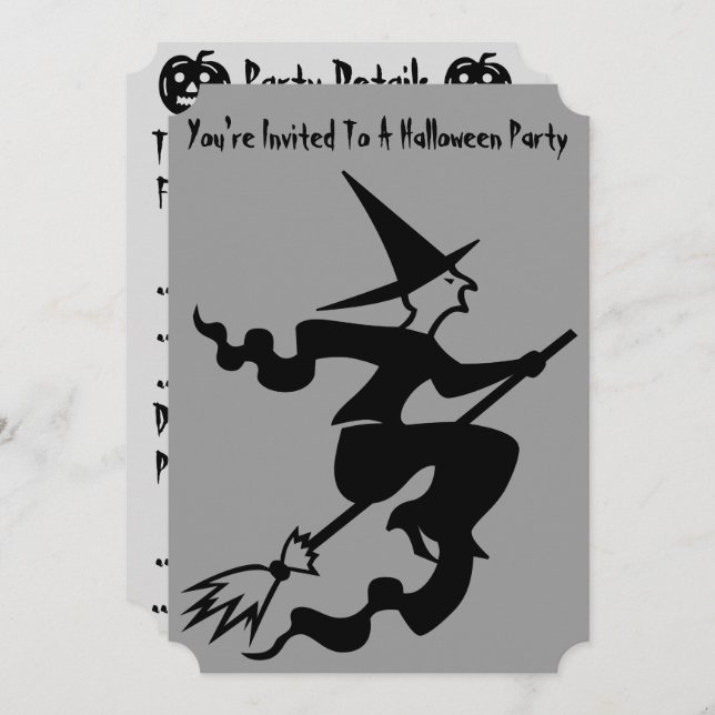 spooky witch on broomstick halloween party invitation (Front/Back)
