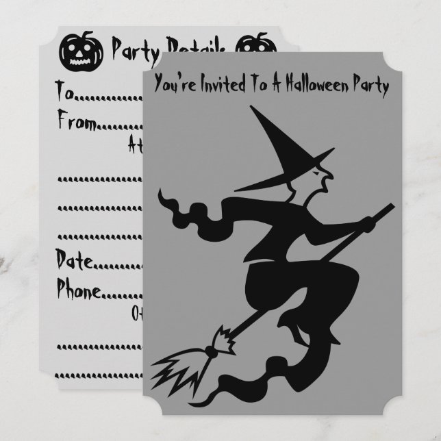 spooky witch on flying broomstick fun party invite (Front/Back)
