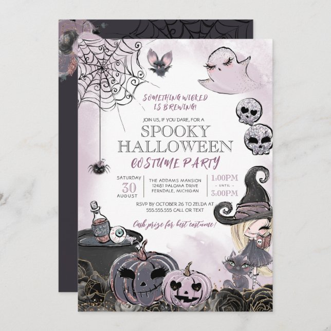 Spooky Witch Purple Black Halloween Costume Party Invitation (Front/Back)