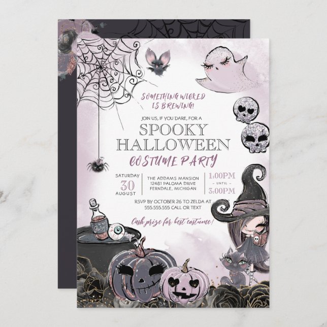 Spooky Witch Purple Black Halloween Costume Party Invitation (Front/Back)