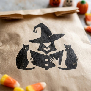Spooky Witch Reading Book Black Cat Halloween Rubber Stamp