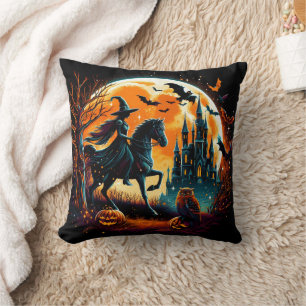 Spooky witch riding a horse under a full moon cushion