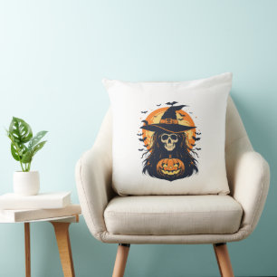 Spooky witch with a pumpkin cushion