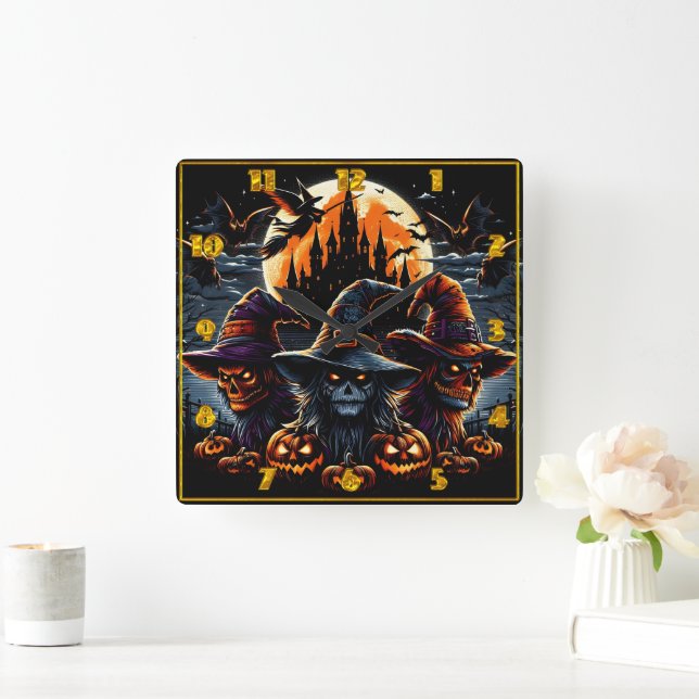 Spooky witches gathering on Halloween night Square Wall Clock (Home)