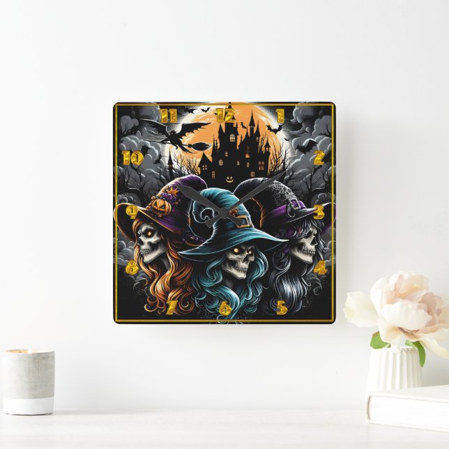 Spooky witches gathering under a full moon square wall clock (Home)