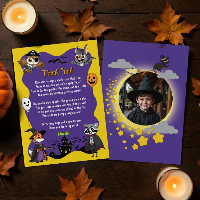 Spooky Woodland Animals in Costume Cartoon Photo Thank You Card (Creator Uploaded)