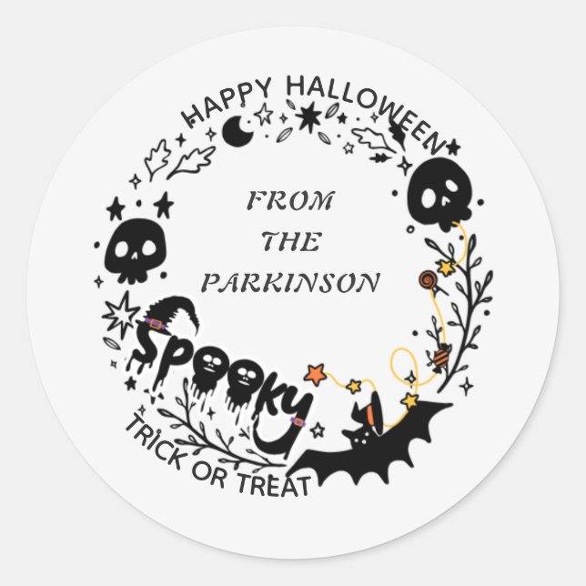 Spooky Wreath Round Sticker – Happy Halloween Desi (Front)