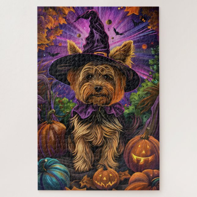 Spooky Yorkipoo Dog Halloween Witch And Pumpkin Jigsaw Puzzle (Vertical)