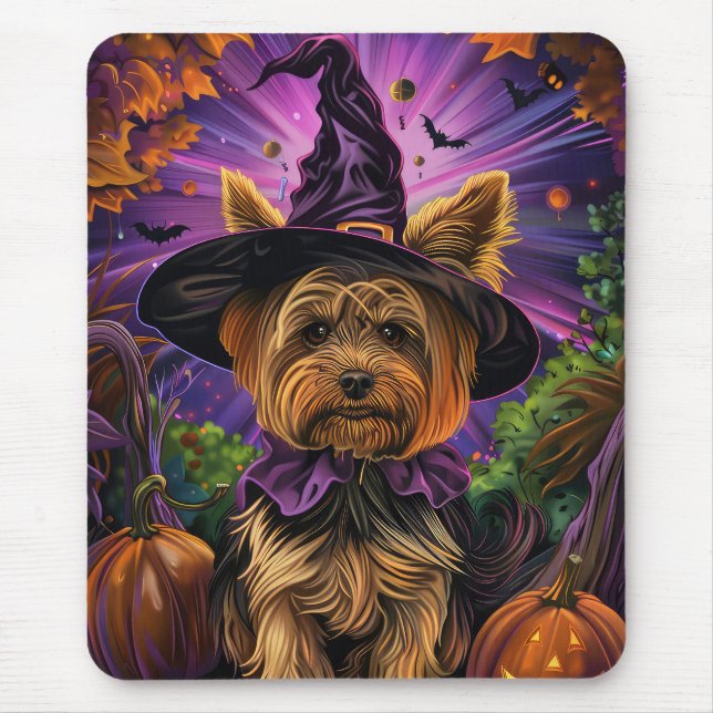 Spooky Yorkipoo Dog Halloween Witch And Pumpkin Mouse Pad (Front)