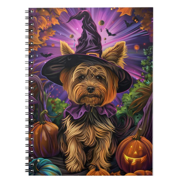 Spooky Yorkipoo Dog Halloween Witch And Pumpkin Notebook (Front)