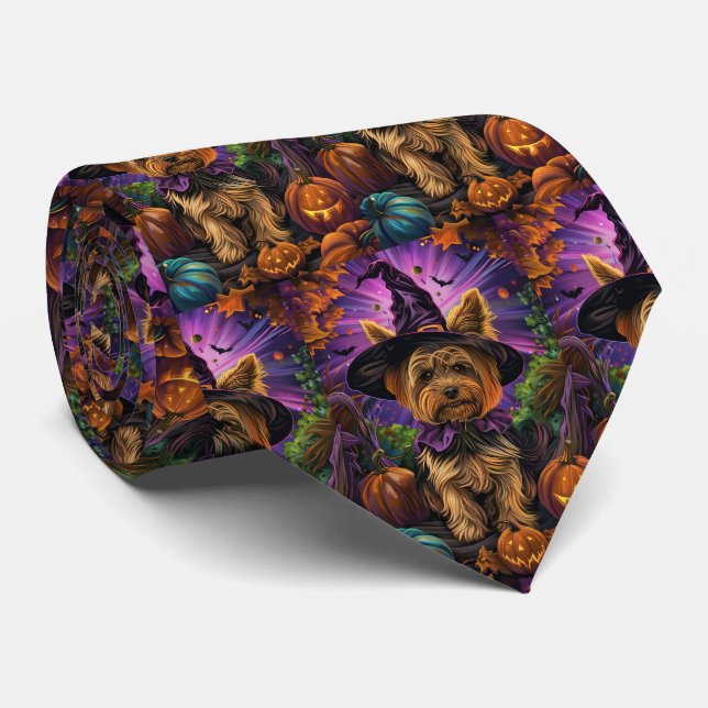 Spooky Yorkipoo Dog Halloween Witch And Pumpkin Tie (Rolled)