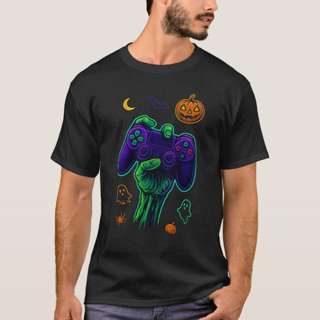 Spooky Zombie Gamer Halloween Controller – Neon Sk T-Shirt (Front)