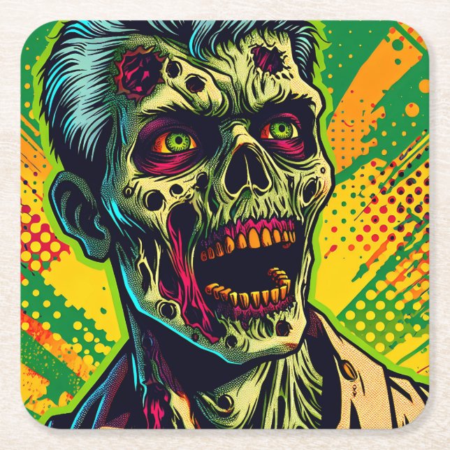 Spooky Zombie Halloween Party Square Paper Coaster (Front)