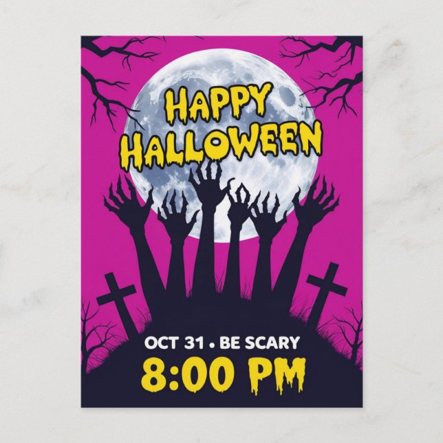 Spooky Zombie Hands Full Moon Halloween Holiday Postcard (Front)