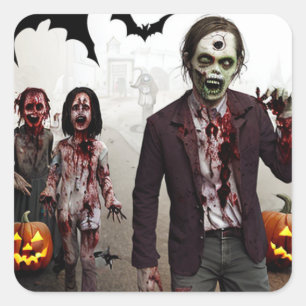 Spooky Zombies, Pumpkin and Bats Vintage Halloween Square Sticker