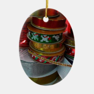 Spools of Christmas Ribbon Holiday Red and Gold Ceramic Tree Decoration
