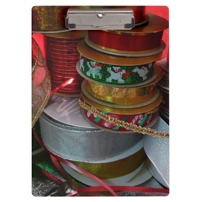 Spools of Christmas Ribbon Holiday Red and Gold Clipboard (Front)