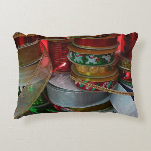 Spools of Christmas Ribbon Holiday Red and Gold Decorative Cushion