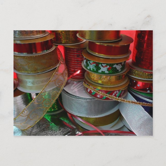 Spools of Christmas Ribbon Holiday Red and Gold Postcard (Front)