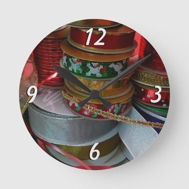 Spools of Christmas Ribbon Holiday Red and Gold Round Clock (Front)