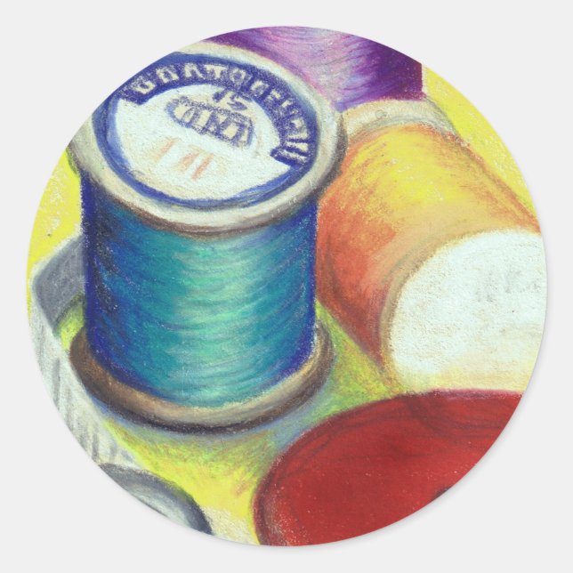 Spools of thread - coloured pencil drawing classic round sticker (Front)