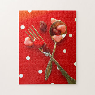 Spoon and fork with Valentine heart candies Jigsaw Puzzle
