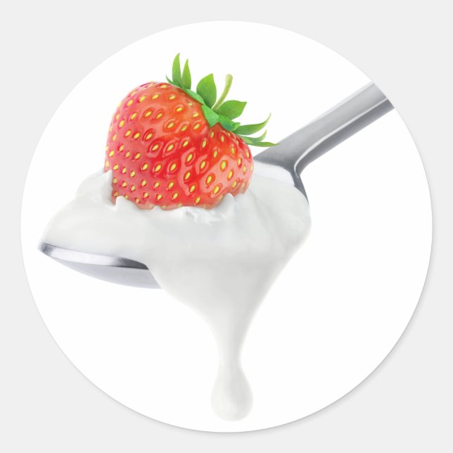 Spoon of strawberry yogurt classic round sticker (Front)