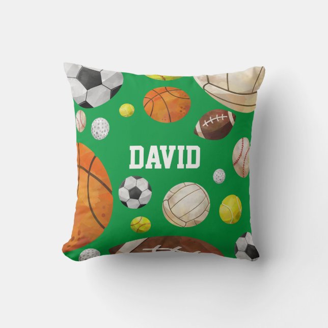 Sport Balls Baby Boy Name Green Personalised Cushion (Front)