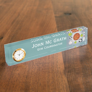 Sport Balls Desk Name Plate With Clock