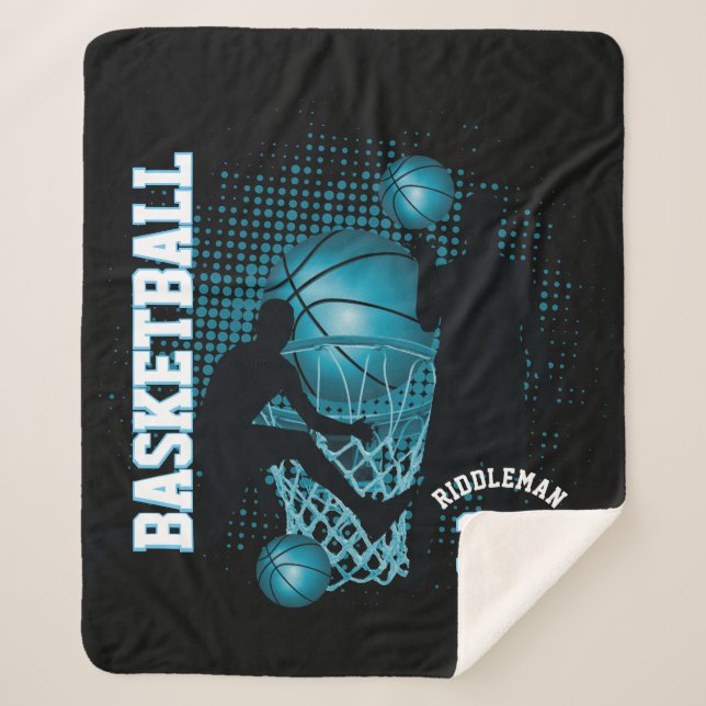 Sport Basketball - Black and Baby Blue Sherpa Blanket (Front)