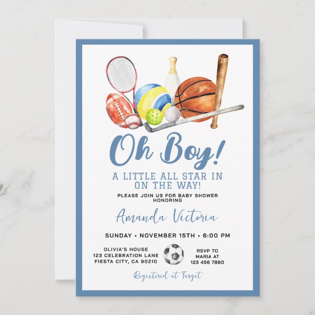Sport Boy Ball All Star Themed Party Baby Shower Invitation (Front)