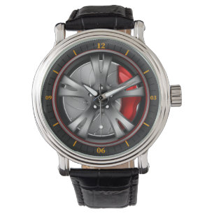 Sport car wheel with red brake gear   watch